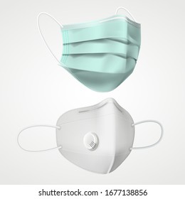 Set of isolated 3d respiratory mask. Realistic medicine face and breath protection. Doctor or surgical respirator. 2019 Covid prevention. SARS-Cov virus pandemic infection theme. Health care