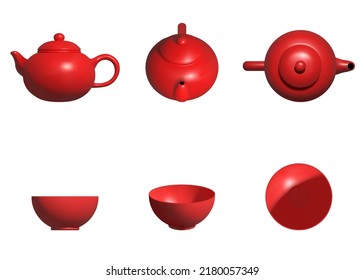 set of isolated 3d teapots and cups of tea. chinese teapots