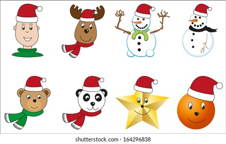 Set of isolated 8 christmas characters - boy, reindeer, snowman, ornament, star , bear and panda with Santa's hat