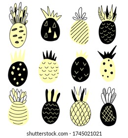Set of isolated abstract black and yellow pineapples, vector illustration
