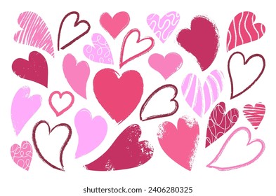 Set isolated abstract bright hearts on white background. Grunge crayon doodle stroke line. Design vector elements for Valentine's day.