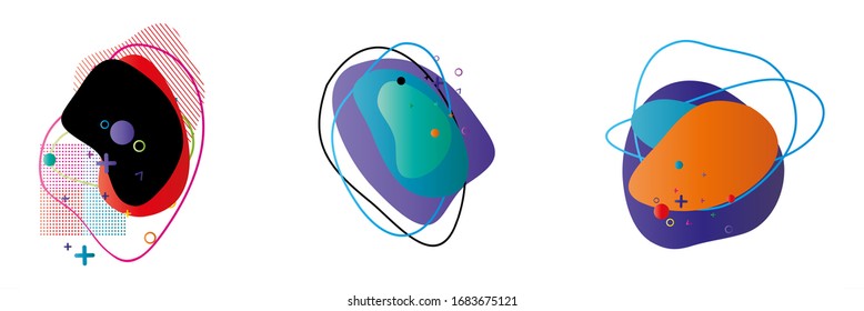 Set of isolated abstract colorful liquid elements for poster design or flyer background, banner template. Geometric fluid shapes with dynamic colors