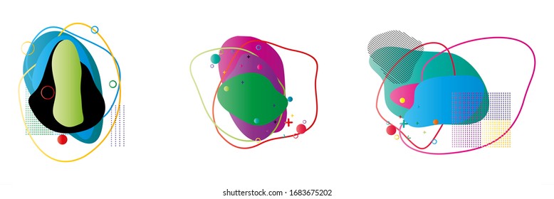 Set of isolated abstract colorful liquid elements for poster design or flyer background, banner template. Geometric fluid shapes with dynamic colors