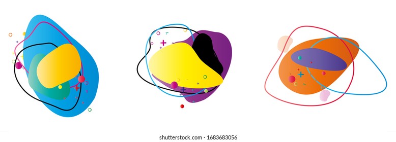 Set of isolated abstract colorful liquid elements for poster design or flyer background, banner template. Geometric fluid shapes with dynamic colors vector