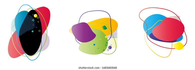 Set of isolated abstract colorful liquid elements for poster design or flyer background, banner template. Geometric fluid shapes with dynamic colors vector