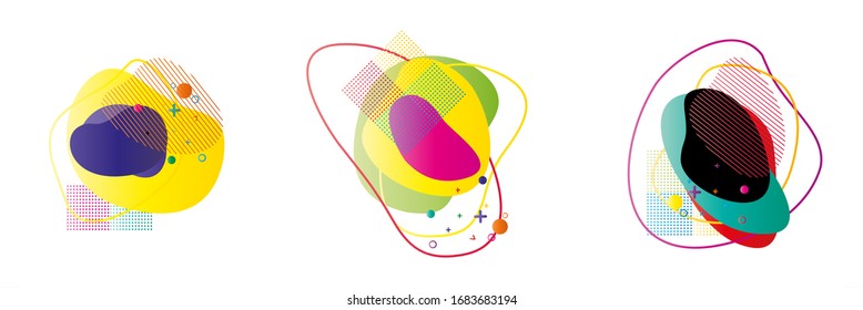 Set of isolated abstract colorful liquid elements for poster design or flyer background, banner template. Geometric fluid shapes with dynamic colors vector