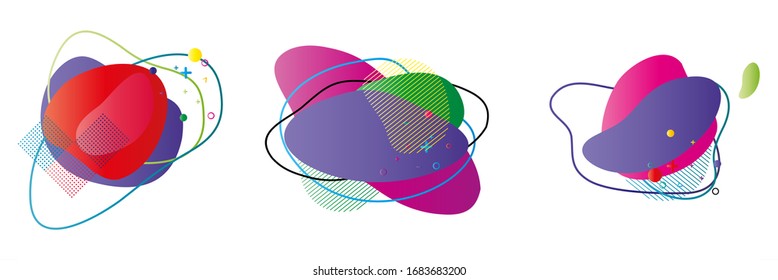 Conjunto de elementos coloridos abstractos de líquido aislado para diseño de afiches o fondo de volante, plantilla de banner. Formas de fluido geométrico con colores dinámicos vectoriales
