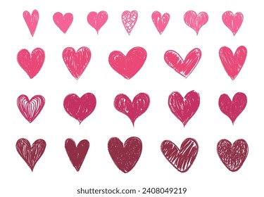 Establece corazones abstractos y diferentes de textura aislados en fondo blanco. Línea de derrame de garganta del garganta del doodle. Diseñar elementos vectoriales para el día de San Valentín.