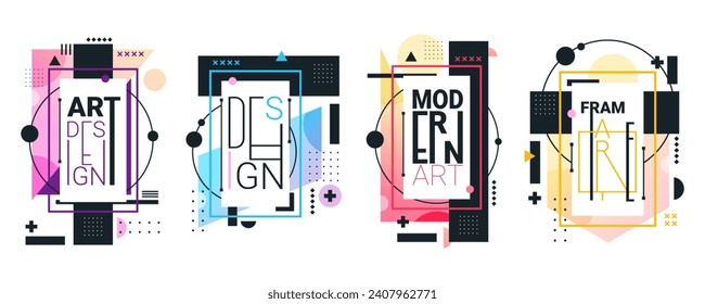 Set of isolated abstract geometric banners. Vector background with geometry elements or modern backdrop with rectangle and line art. Template for frame or cover in creative style. Shape design