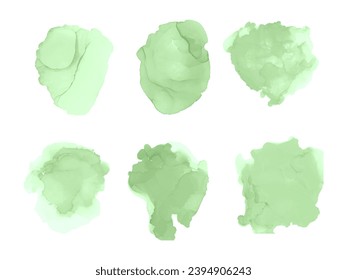 Set of isolated abstract green watercolor splash on a white background. Vector watercolour texture in soft green color. Green splatters spot.  Ink paint brush stain. Green splatters spot. 