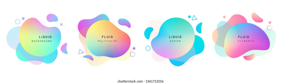 Set of isolated abstract liquid shapes. Elements for gradient fluid design. Background with dynamic forms and and circles. Colorful halftone overlapping splash. Modern graphic composition