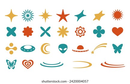 Set of isolated abstract shapes for design in groove style.Retro colors, 60s and 70s. Yu2k.Vector stock illustration.