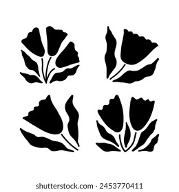 Set of Isolated abstract tulip flowers for surface cover design. Modern trendy minimal style. Black and white silhouette stamp