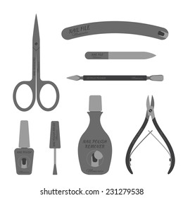 Set of of isolated accessories for nail care - manicure and pedicure. Scissors, nail files, cuticle pusher, cuticle nipper, nail polish, nail polish brush, nail polish remover. Vector illustration