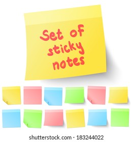 Set of isolated adhesive sticky notes. Different shapes and colors.