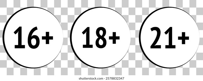  set isolated age restricted 3, 5, 9, 13, 16, 18, 21 plus yeas old, age restricted under 3, 5, 9, 13, 16, 18, 21 , Perfect for adding clear age restrictions and warnings with stylish, websites, apps, 