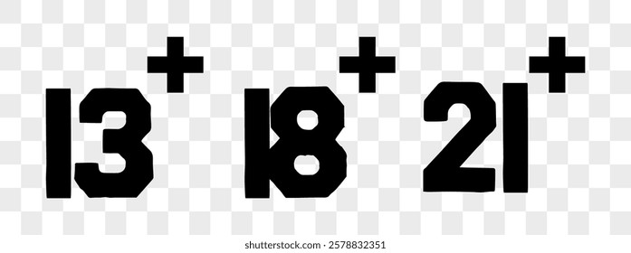  set isolated age restricted 3, 5, 9, 13, 16, 18, 21 plus yeas old, age restricted under 3, 5, 9, 13, 16, 18, 21 , Perfect for adding clear age restrictions and warnings with stylish, websites, apps, 