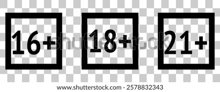  set isolated age restricted 3, 5, 9, 13, 16, 18, 21 plus yeas old, age restricted under 3, 5, 9, 13, 16, 18, 21 , Perfect for adding clear age restrictions and warnings with stylish, websites, apps, 