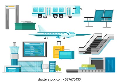 Set of isolated airport elements with terminal airplane and bus luggage and security system orthogonal vector illustration