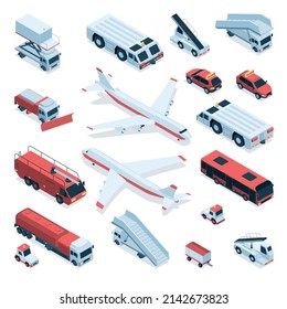 Set with isolated airport transport isometric icons of shuttle buses cargo trucks moving stairs and jets vector illustration