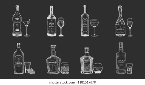 Set of isolated alcohol beverages, bottles sketch