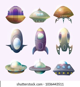 Set of isolated alien spaceships and rocket. Flying ufo technology for traveling trough universe, cartoon flight unidentified disk or aircraft, astronaut vessel. Cosmos and astronomy, galaxy theme