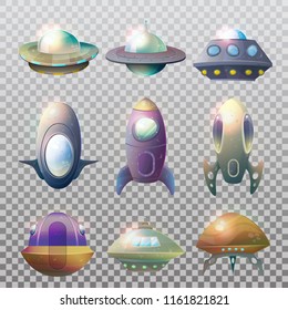 Set of isolated alien spaceships and rocket. Flying ufo technology for traveling trough universe, cartoon flight unidentified disk or aircraft, astronaut vessel. Cosmos and astronomy, galaxy theme