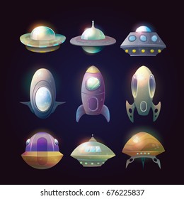 Set of isolated alien spaceships and rocket. Flying ufo technology for traveling trough universe, cartoon flight unidentified disk or aircraft, astronaut vessel. Cosmos and astronomy, galaxy theme