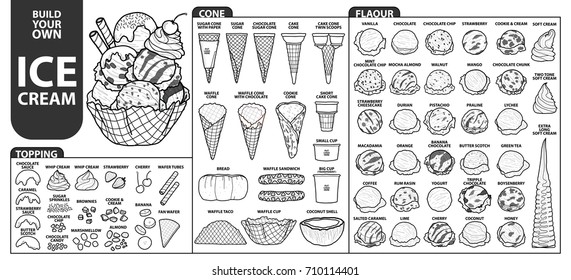 Set of isolated all part of ice cream for build your own style. Cute hand drawn in black outline and white plane on white background.