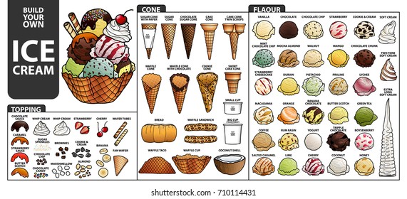 Set of isolated all part of ice cream for build your own style. Cute hand drawn in colorful and black outline on white background.