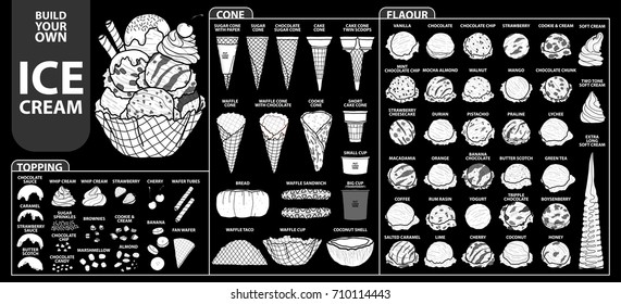 Set of isolated all part of ice cream for build your own style. Cute hand drawn in white silhouette and black outline on black background.