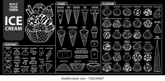 Set of isolated all part of ice cream for build your own style. Cute hand drawn in white outline and black plane on black background.