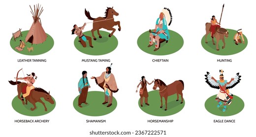 Conjunto con composiciones indias norteamericanas aisladas con caracteres humanos isométricos animales con viviendas y subtítulos de texto ilustraciones vectoriales