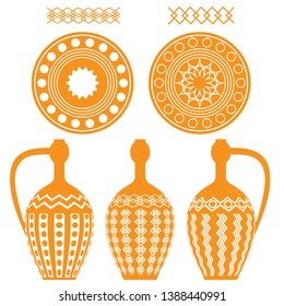 Set of isolated amphorae and vases. Dishes in Greek style. Egyptian motives. For printing on textiles, t-shirts, Wallpaper. For templates, cards and web design.