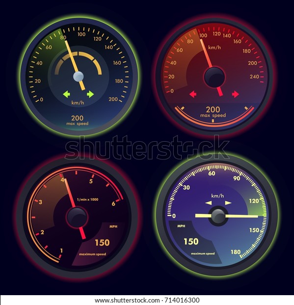 Set of\
isolated analog gauges with arrows, speedometers showing speed at\
km/h. Car or motorcycle, automobile vehicle dashboard or panel\
speedometers. Internet download performance\
theme