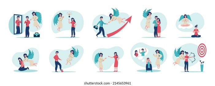 Set with isolated angels people flat compositions with humans getting advice from angels in various situations vector illustration