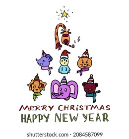 Set of isolated animals arranged in the shape of a Christmas tree with the inscription Christmas and New Year. Vivid portraits tiger, giraffe, dog, cat, mouse, penguin, bear, dog in caps with a