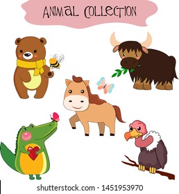 Set of isolated animals and birds. A collection of funny animals. Cute animals: forest, farm, home in a cartoon style. Cat, rabbit, crocodile, zebra, nightingale, bird, yak, bull, zebra whale, giraffe