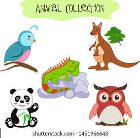 
Set of isolated animals and birds. A collection of funny animals. Cute animals: forest, farm, home in a cartoon style. Kangaroo, bird, iguana, lizard, owl, panda
