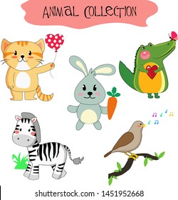 
Set of isolated animals and birds. Cute animals: forest, farm, home in a cartoon style. Cat, rabbit, crocodile, zebra, nightingale, bird