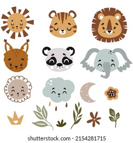 set of isolated animals head and cloud, sun, leaves