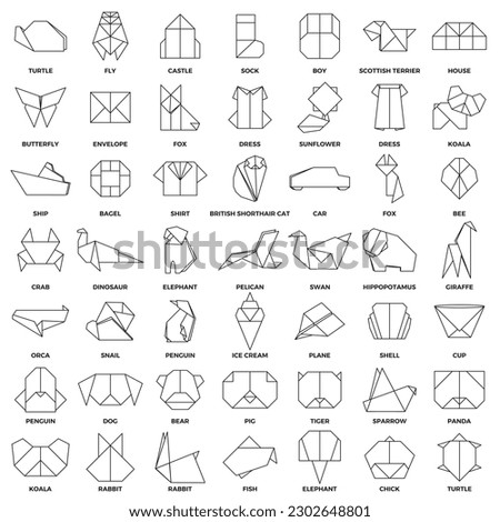 Set of isolated animals, insects, birds and objects in flat style. Outline Origami logo, icons on white background. Vector illustration