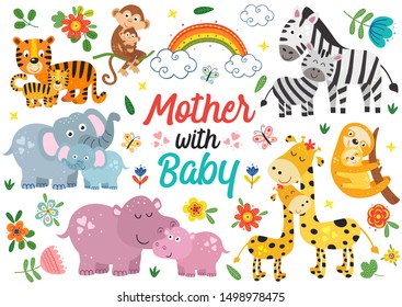 Set Of Isolated Animals Mother With Baby - Vector Illustration, Eps    