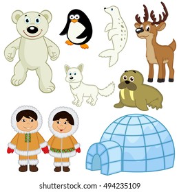 set of isolated  animals and people in the Arctic - vector illustration, eps