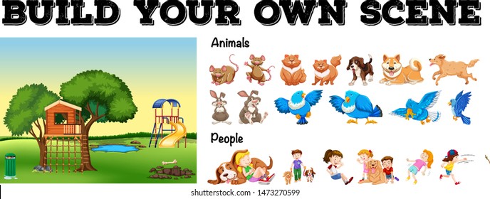 Set of isolated animals and people with playground scene illustration
