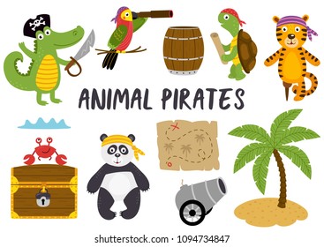 set of isolated animals pirates and other elements part 1 - vector illustration, eps