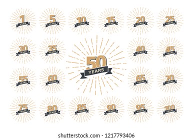 Set of isolated anniversary logo numbers with ribbon and fireworks vector illustration. Isolated collection of vintage icons of holiday, birthday celebrating