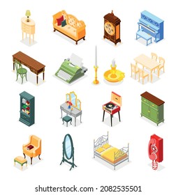 Set of isolated antique interior isometric icons with cabinets beds with chairs candle piano and phone vector illustration