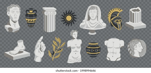 Set of isolated antique statues icons on transparent background with pieces of sculptures pillars and bowls vector illustration