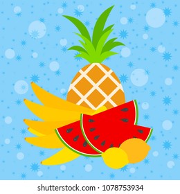 A set of isolated appetizing fruits on a blue background. Juicy, bright, delicious tropical food. Pineapple, banana, watermelon, lemon Simple flat vector illustration